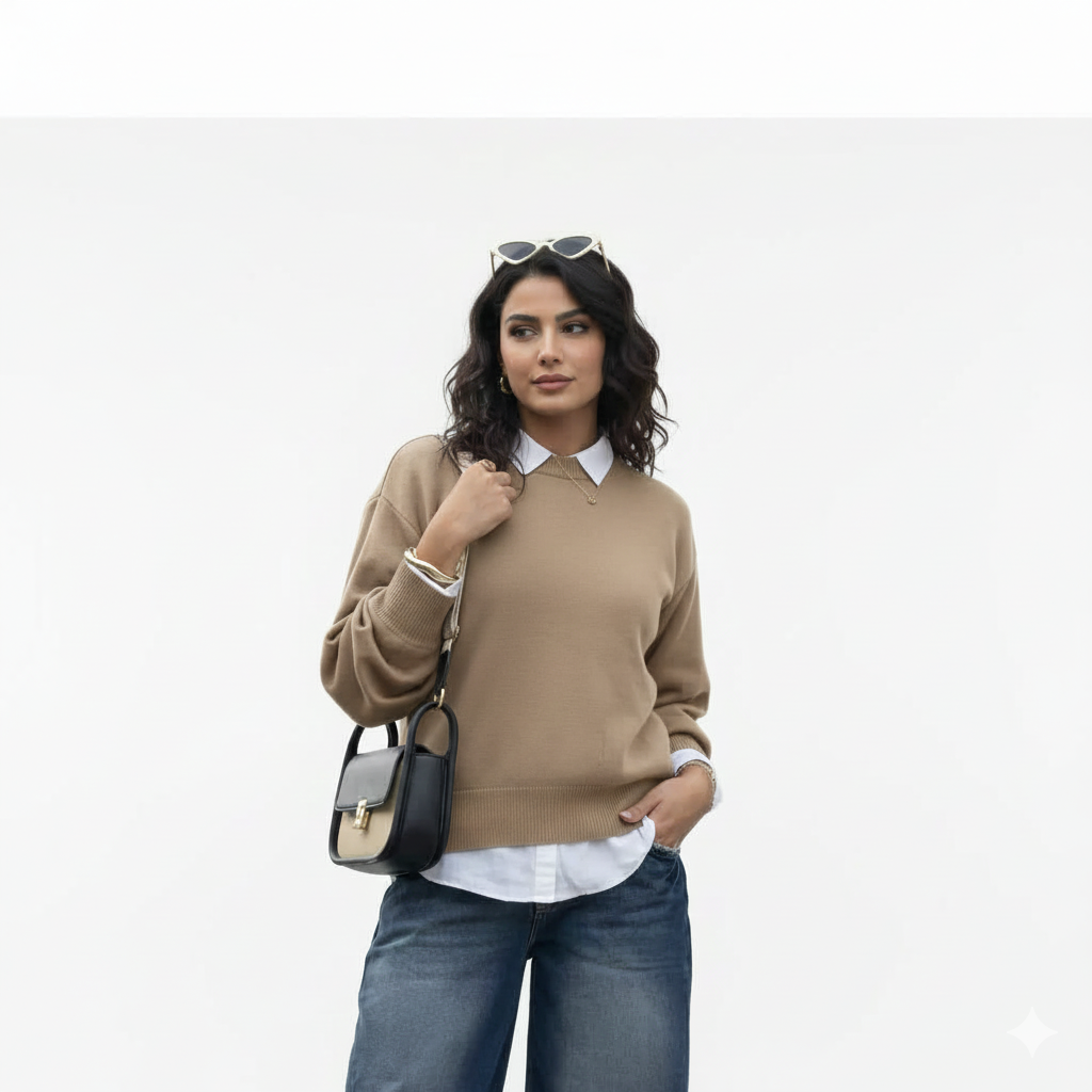 Dark Beige Crew-Neck Knit Sweater