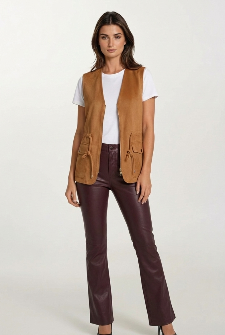 Camel Suede Utility Vest with Zip Front & Drawstring Waist