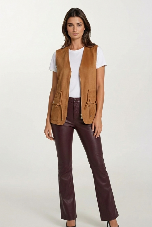 Camel Suede Utility Vest with Zip Front & Drawstring Waist