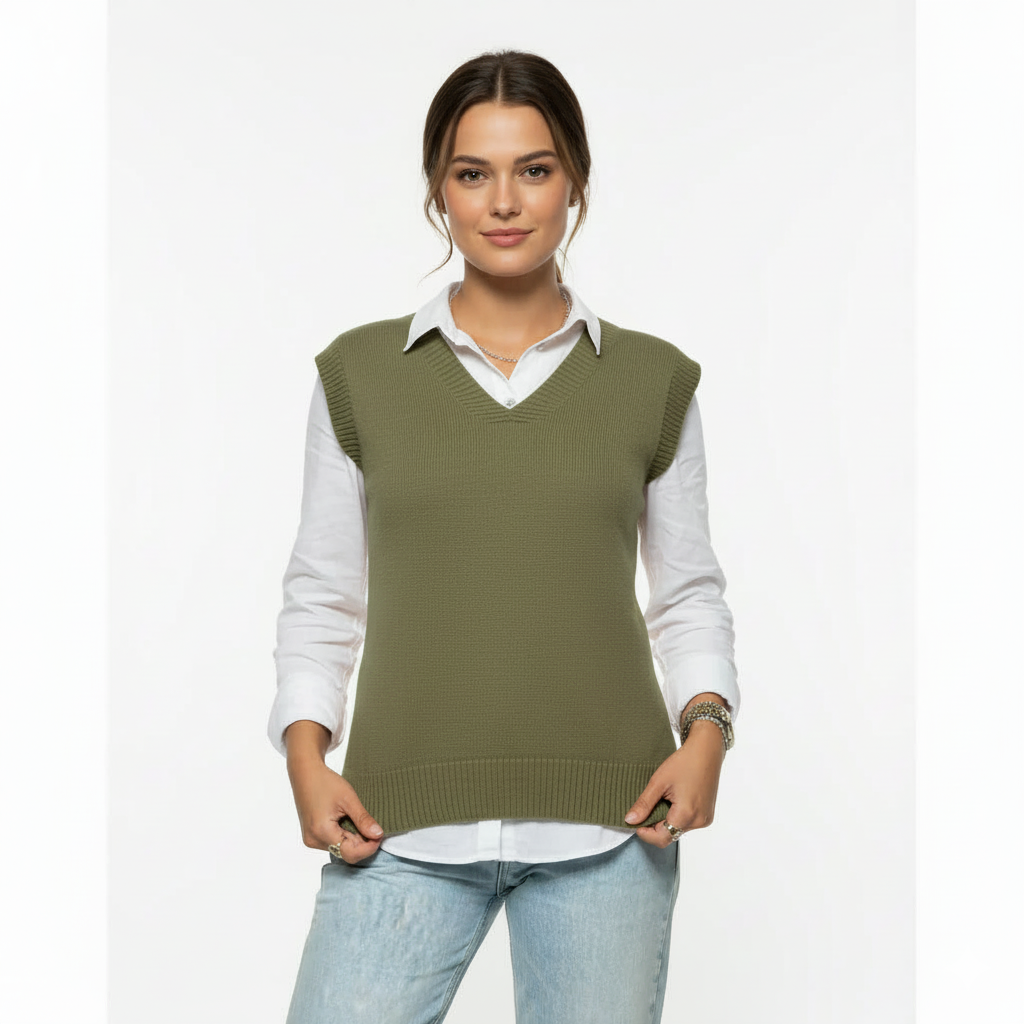 V-Neck Knit Vest – Olive Green
