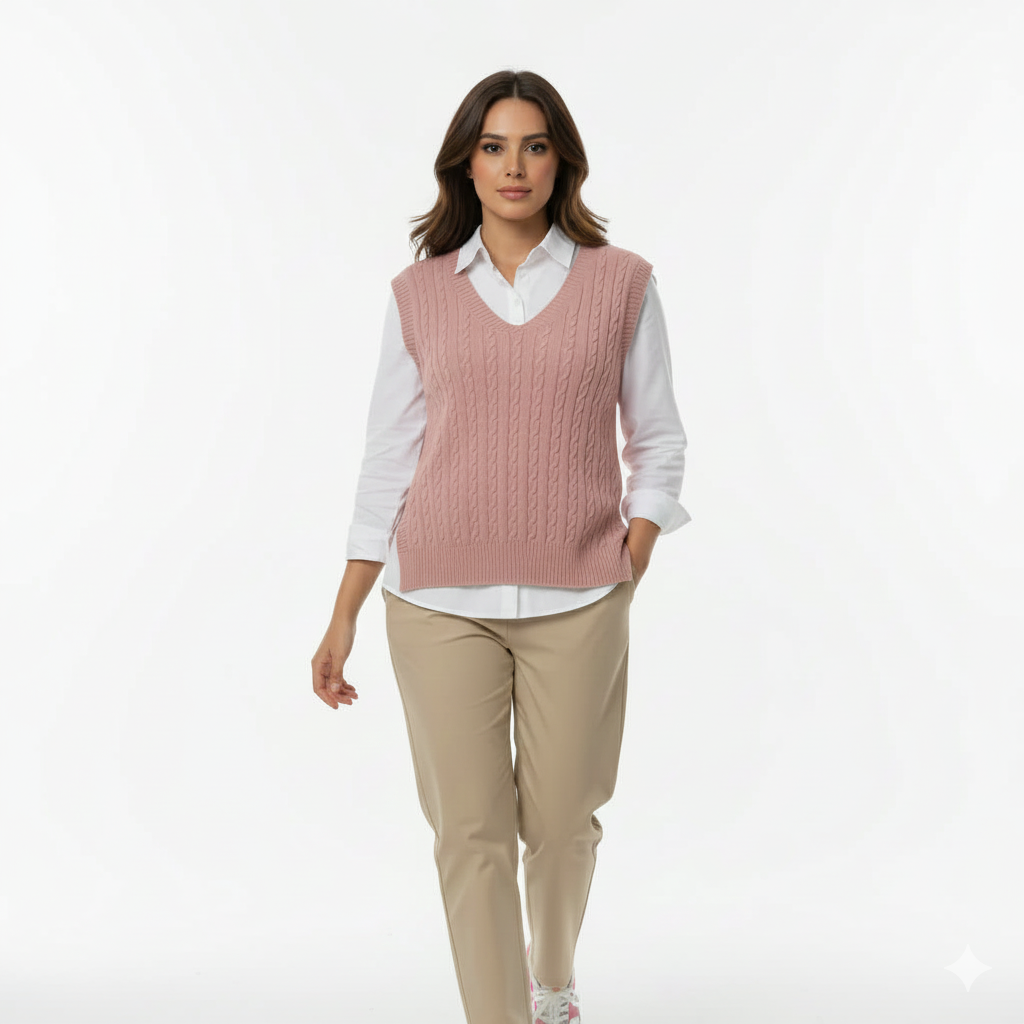 Cashmere Pink Cable Knit V‑Neck Vest