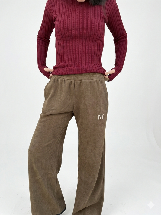 Brown Ribbed  Fleece‑Lined Wide‑Leg Sweatpants