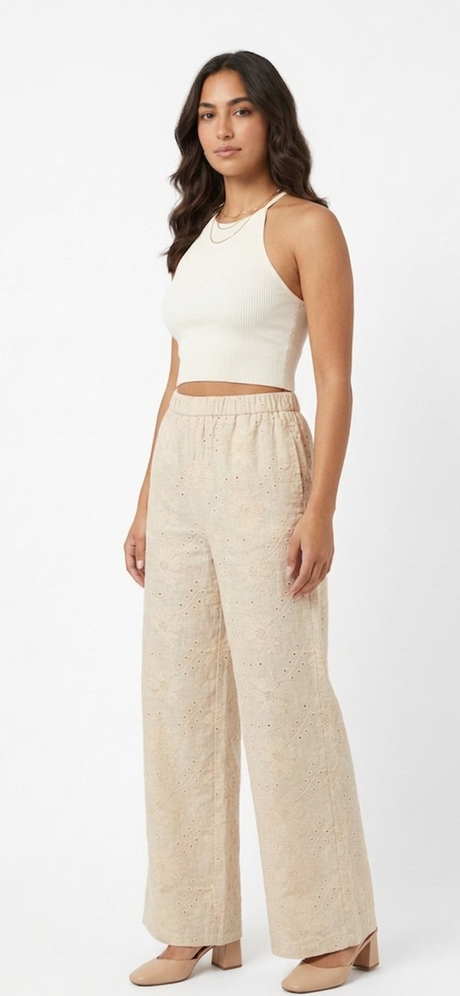 Embroidered Linen Pants with Separate Lining –  Wide-Leg
