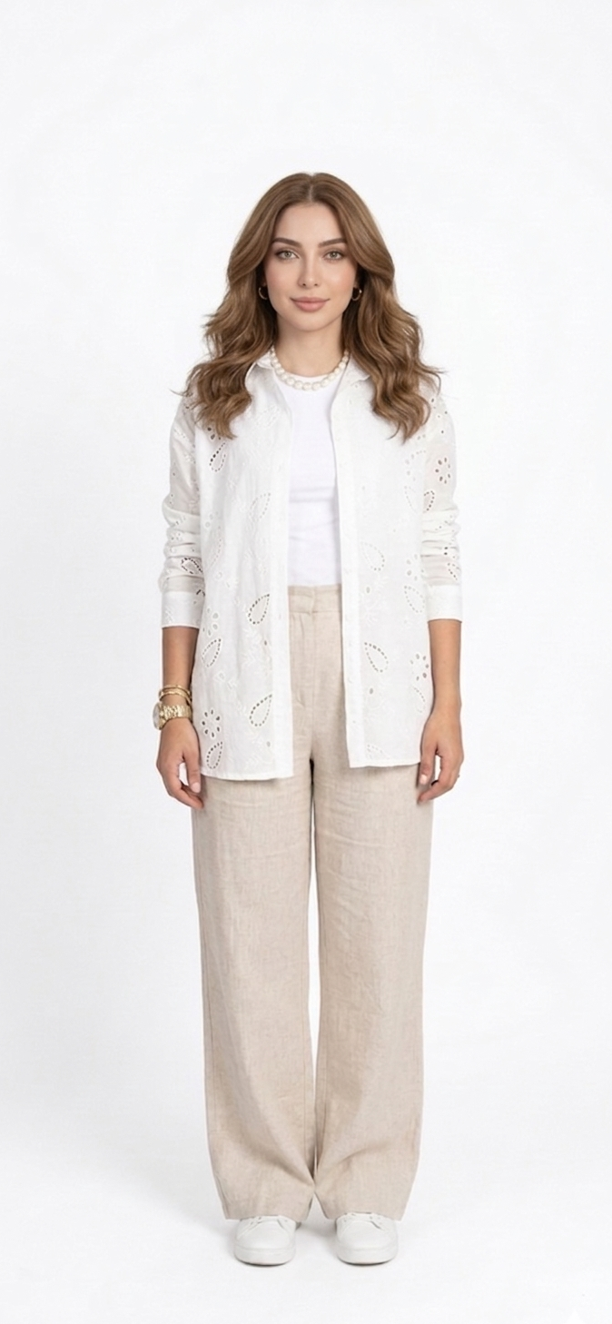 White Broderie Anglaise Button-Down Shirt – Long Sleeve Eyelet Blouse