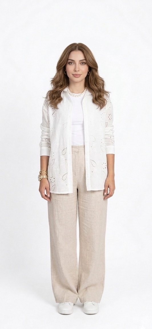 White Broderie Anglaise Button-Down Shirt – Long Sleeve Eyelet Blouse