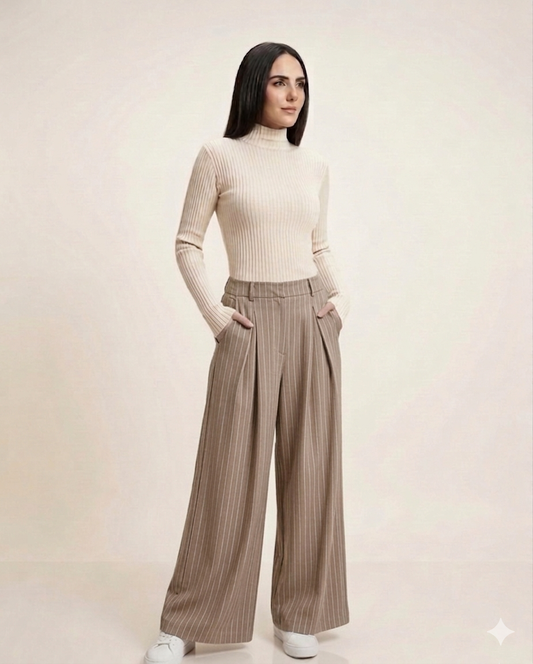 Mushroom Taupe Pleated Trouser — Pinstripe Wide Leg