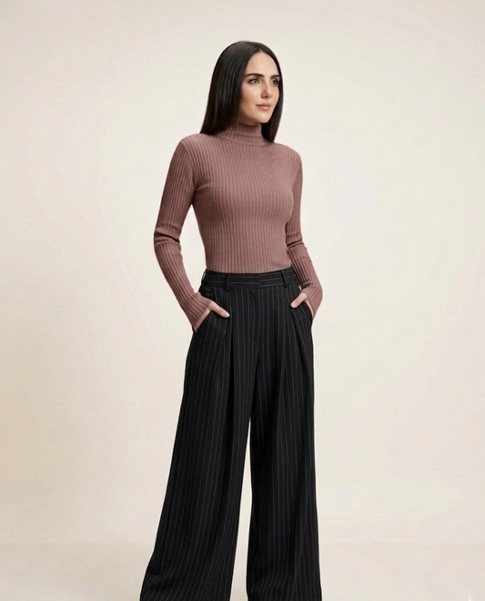 Black Pleated Trouser — Pinstripe Wide Leg