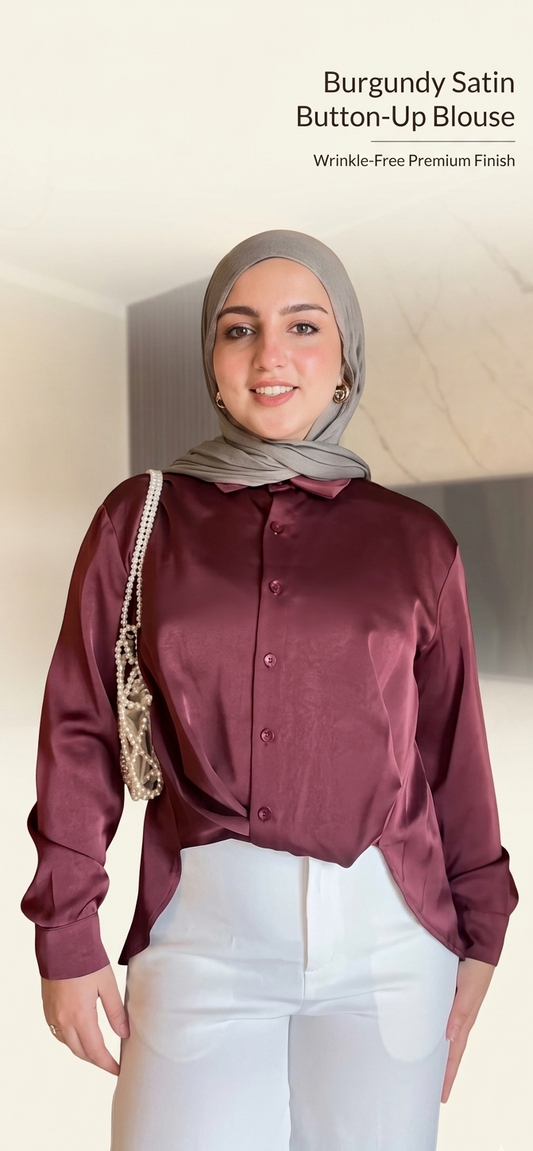 Wine Silk-Finish Shirt with Built-in Front Knot