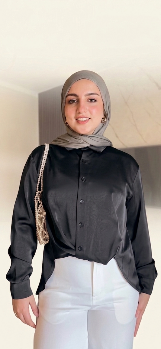 Black Silk-Finish Shirt with Built-in Front Knot