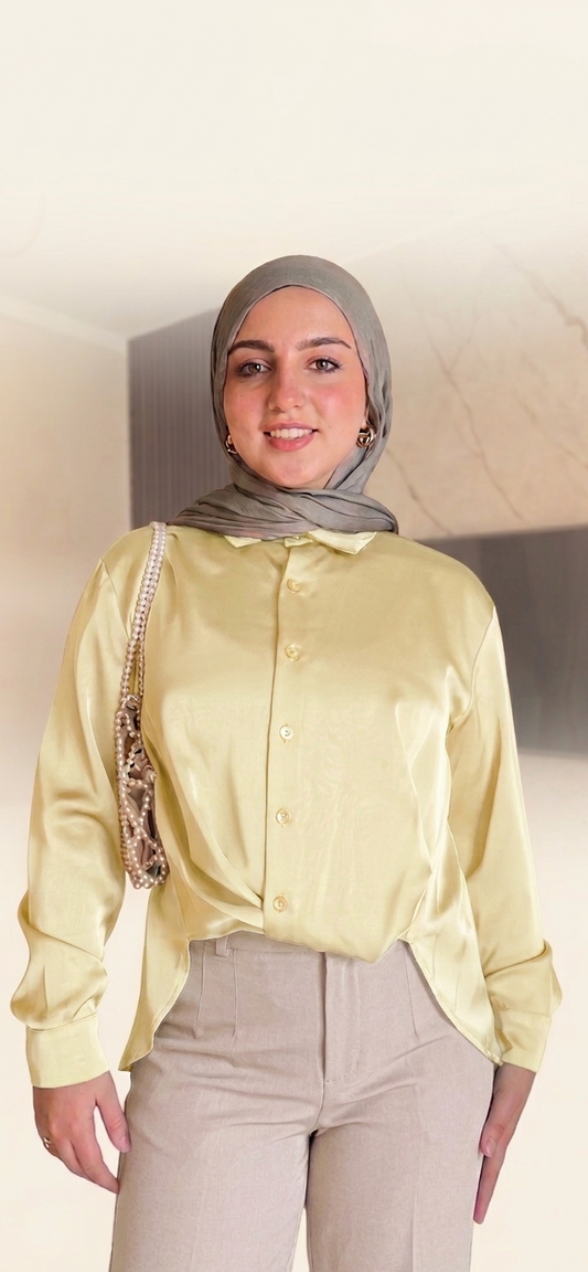 Light Yellow Silk-Finish Shirt with Built-in Front Knot