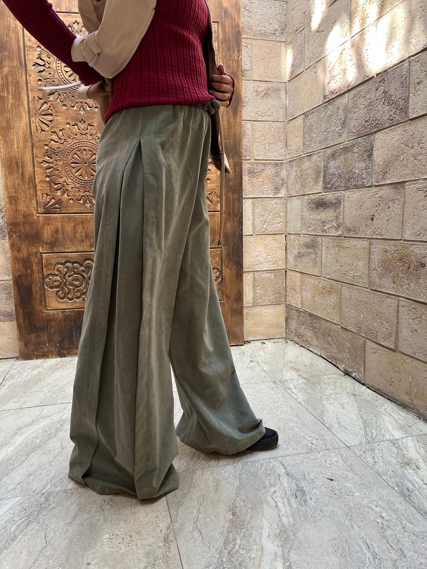 Olive High-Waist Wide-Leg Tailored Pants