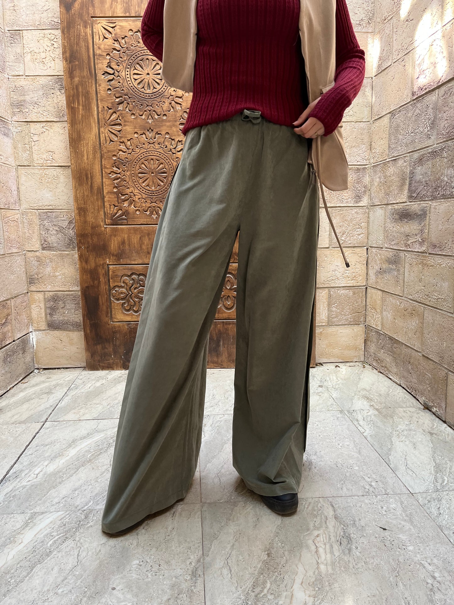 Olive High-Waist Wide-Leg Tailored Pants