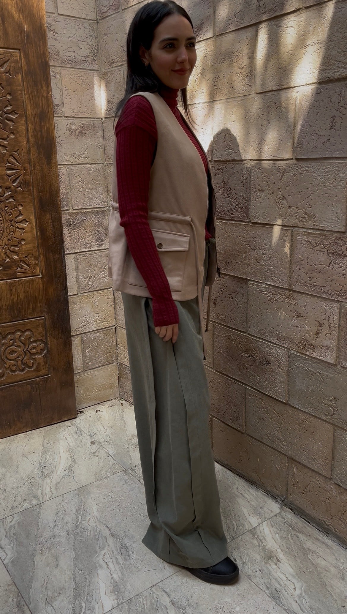 Olive High-Waist Wide-Leg Tailored Pants