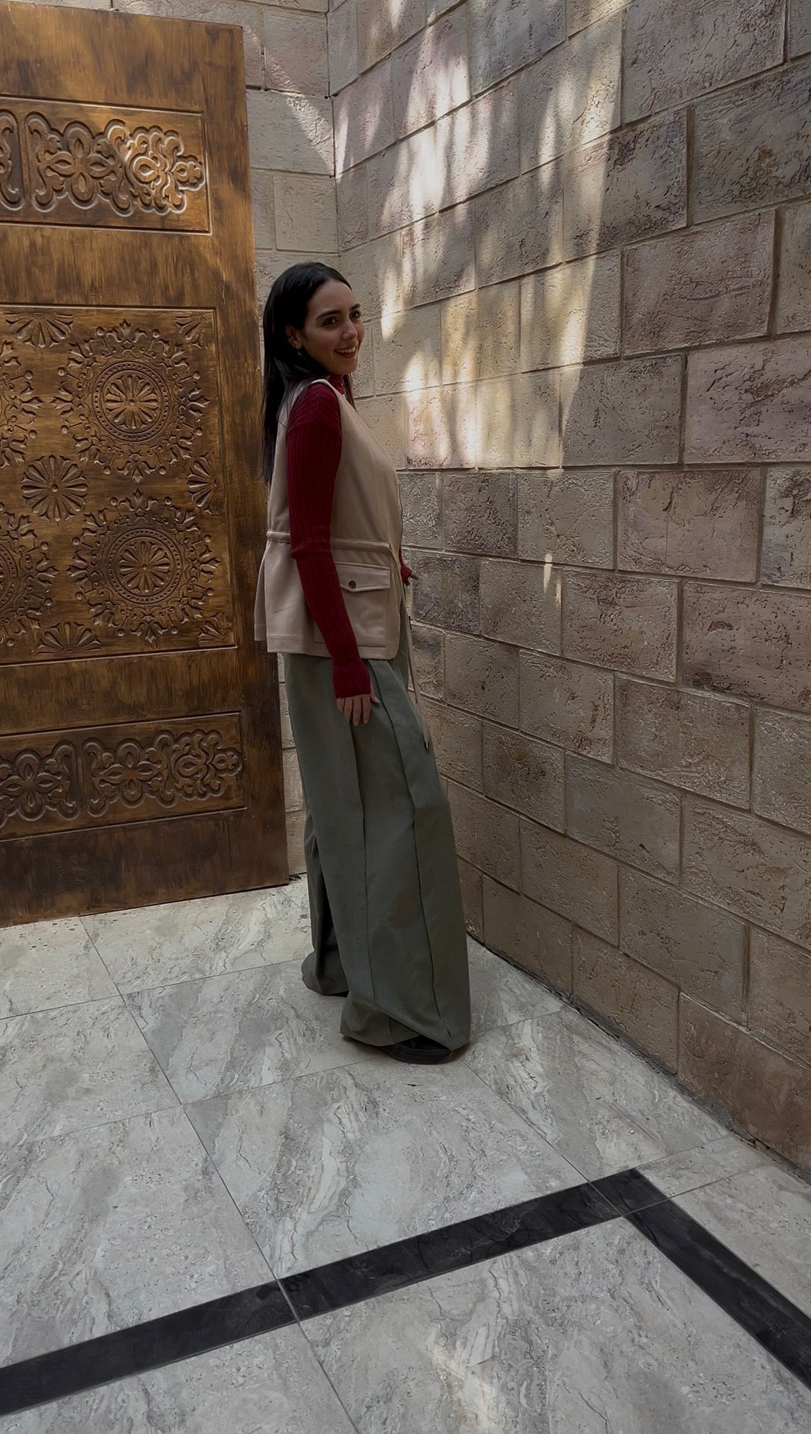 Olive High-Waist Wide-Leg Tailored Pants