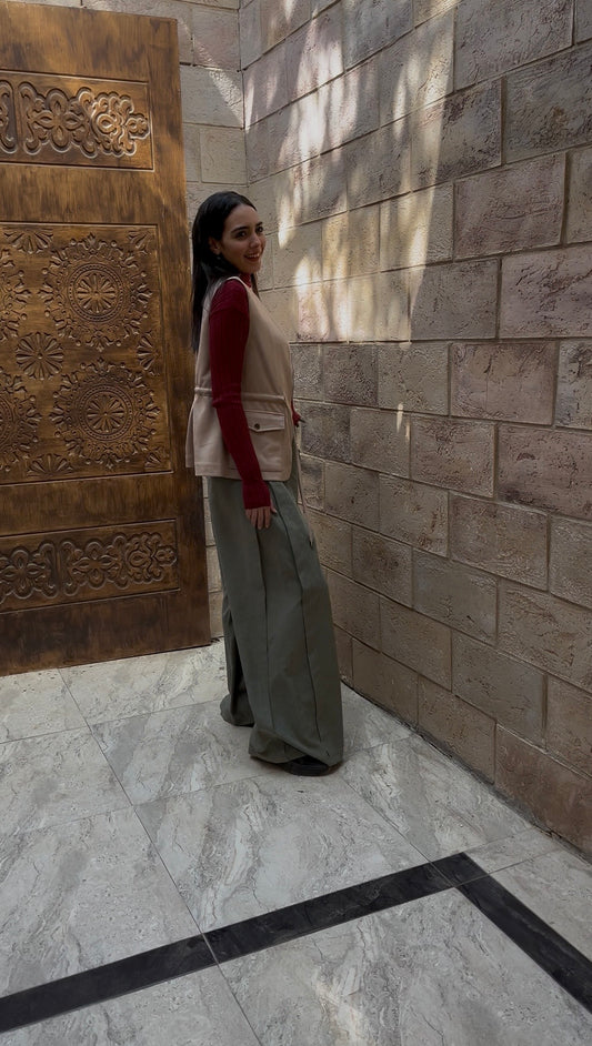 Olive High-Waist Wide-Leg Tailored Pants