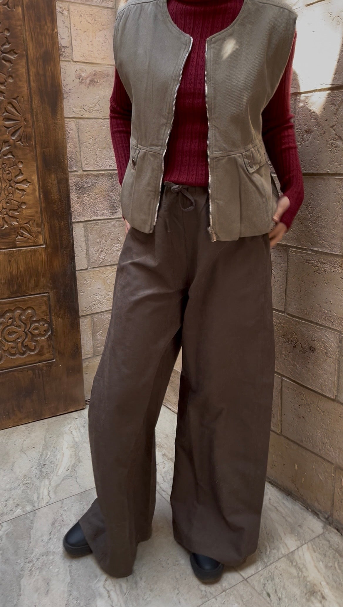 Brown High-Waist Wide-Leg Tailored Pants