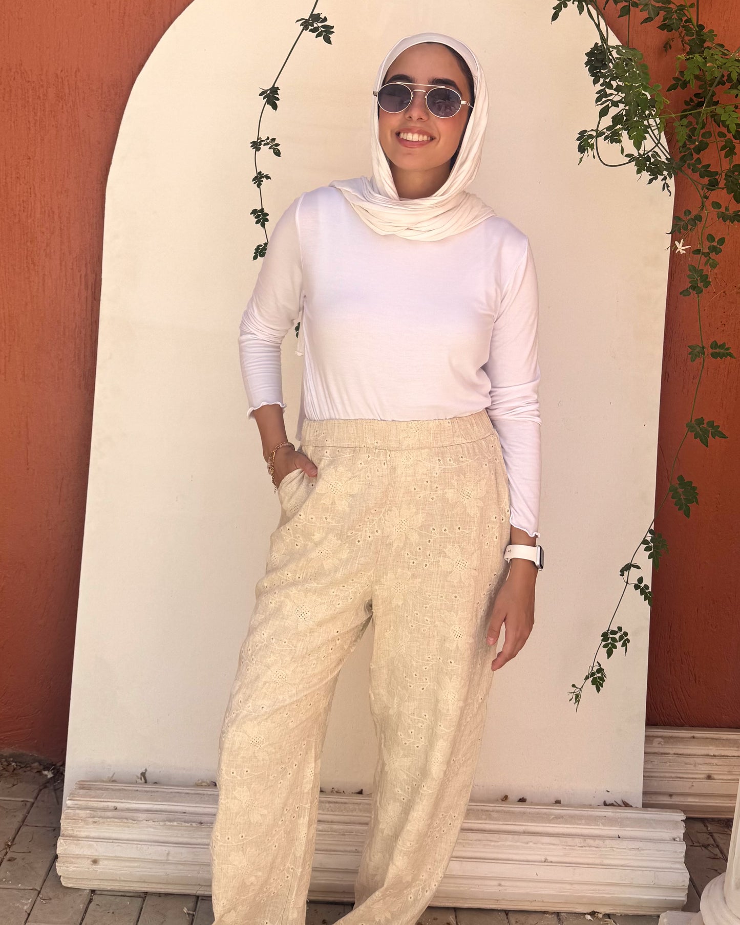 Beige embroidered linen Pants - with separate Pants Liner