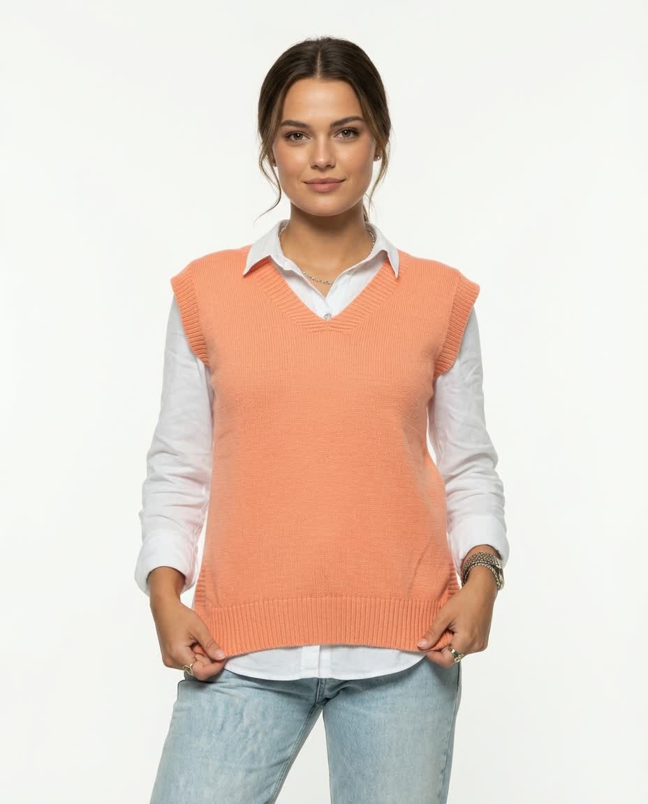 V-Neck Knit Vest – Coral Orange