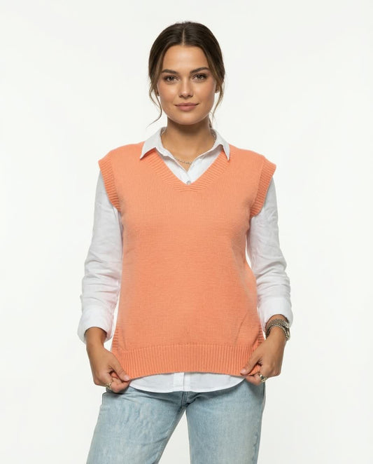 V-Neck Knit Vest – Coral Orange