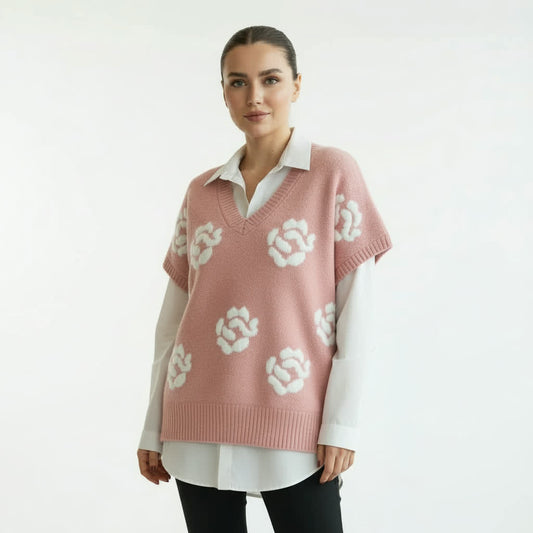 Dusty Pink Floral Knit Sweater Vest