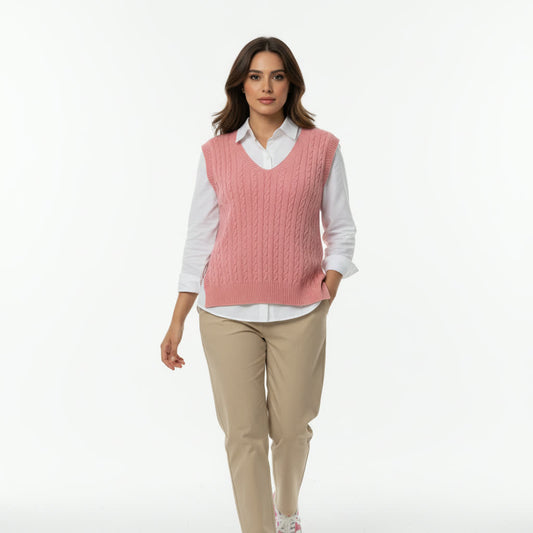 Pink Cable Knit V‑Neck Vest