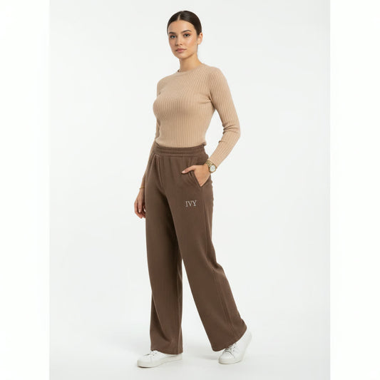 Brown Ribbed  Fleece‑Lined Wide‑Leg Sweatpants