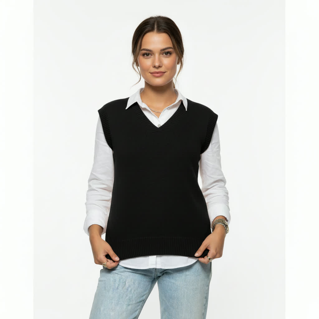 V-Neck Knit Vest – Black