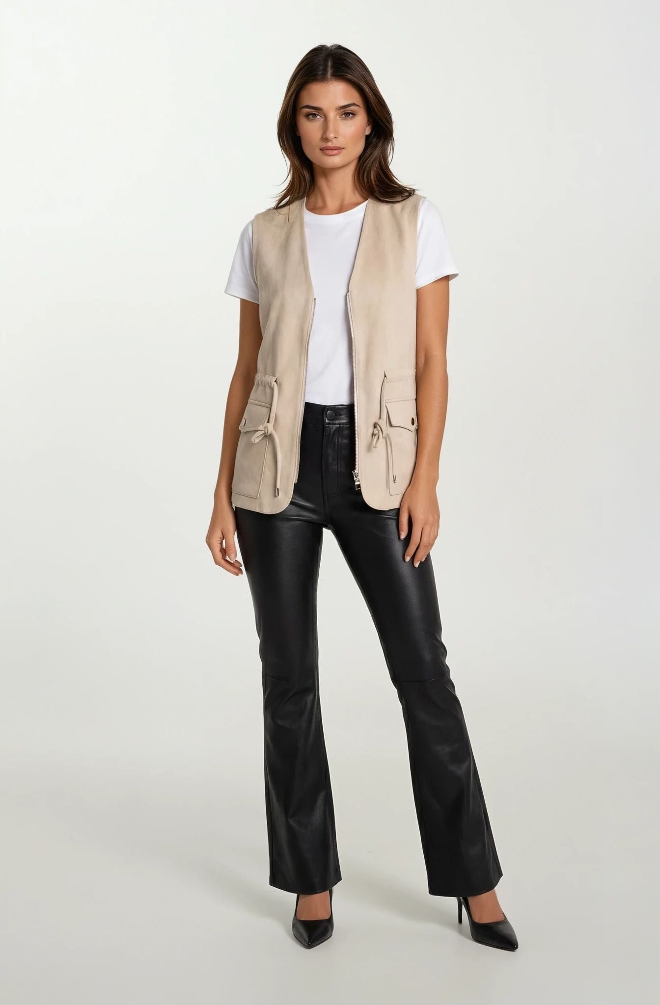 Beige Suede Utility Vest with Zip Front & Drawstring Waist