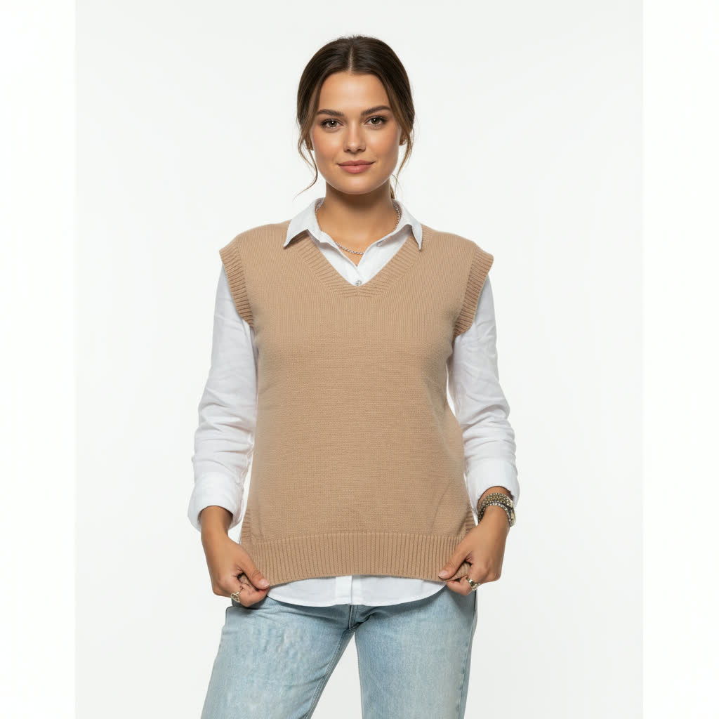 V-Neck Knit Vest – Camel